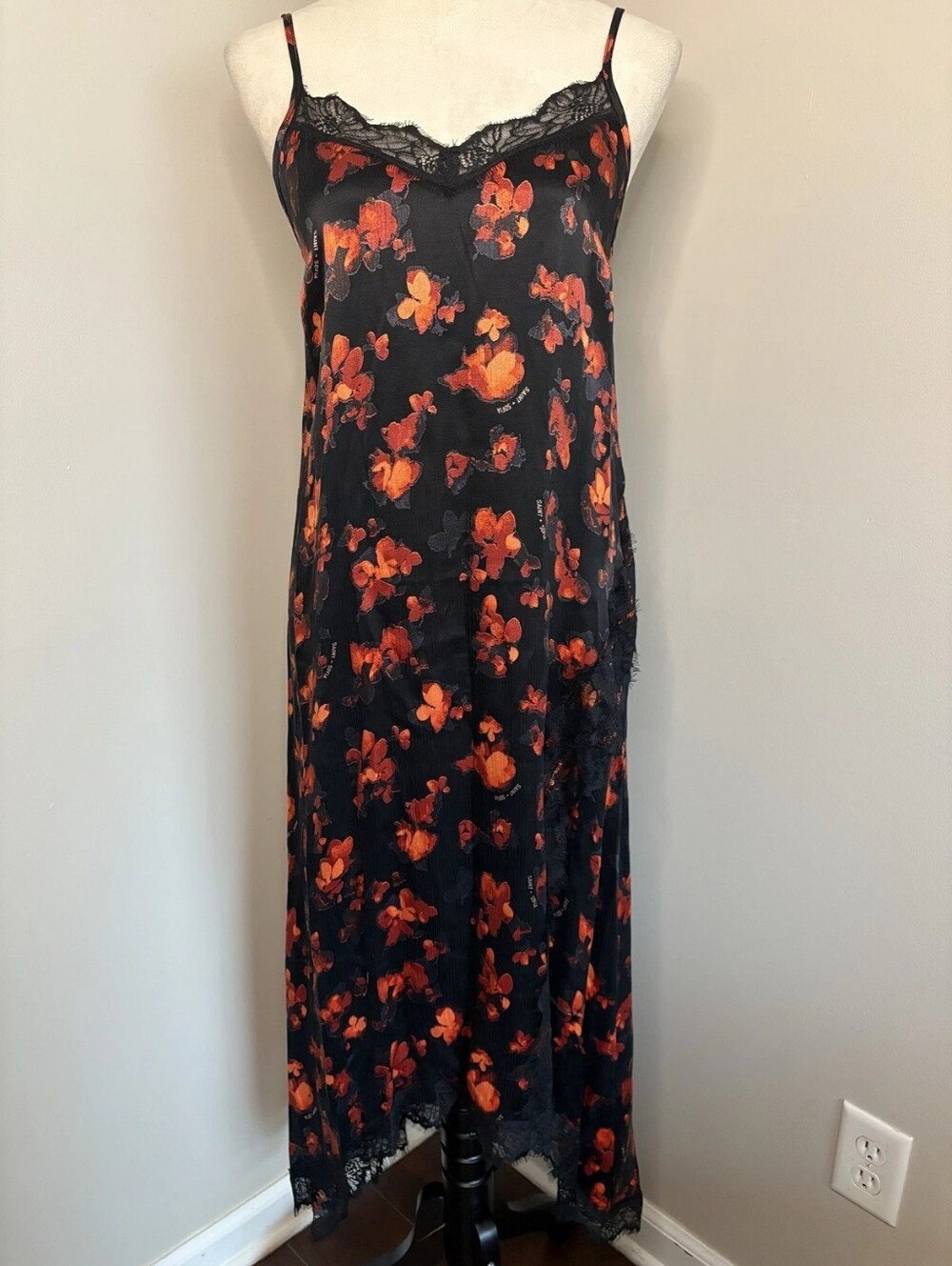 Black Satin Slip Dress with Orange Floral Print